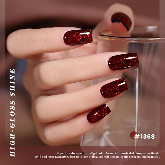 RARJSM Dark Ruby Red Sequin Glitter Gel Nail Polish Big Flakes Shiny Diamond Sparkly Chunky Silver Shimmer Pigments Gelpolish Soak off Curing Required for Nail Art Salon Manicure