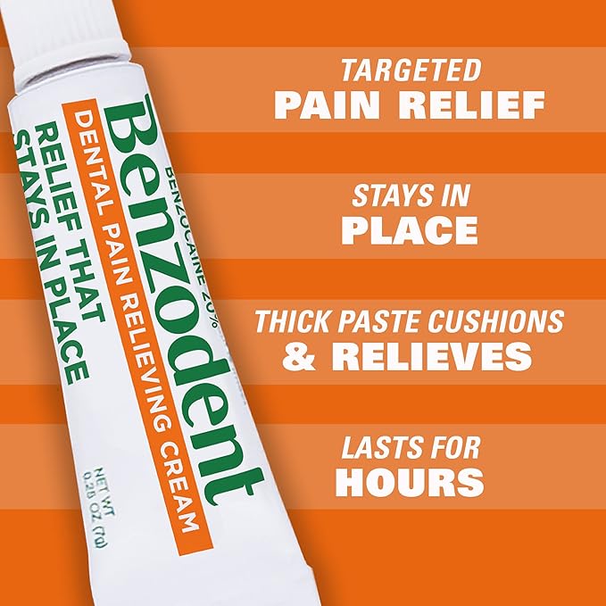 Benzodent Maximum Strength Dental and Oral Pain Relieving Cream for Dentures, Mouth Sores, and Braces, Long lasting Topical Anesthetic, 1oz