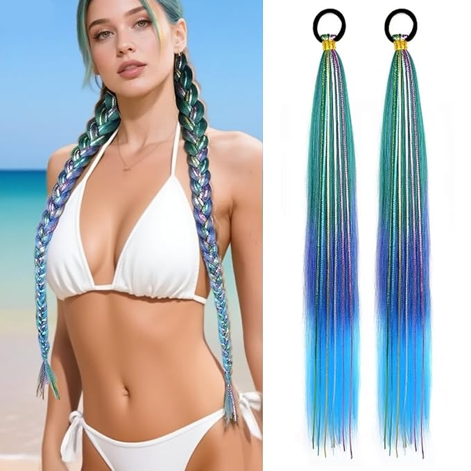 2 Pack Braid Ponytail Extensions, 26 Inch Braided Ponytail Wig with Elastic Tie for Girls (Green/Purple/Blue#, 26 Inch (Pack of 2))