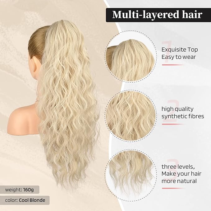 Flufymooz Ponytail Extension, 22 Inch Drawstring Ponytail Hair Extensions for Women， Long Curly Wavy Pony Tail Natural Wavy Synthetic Hairpiece for Women Daily Use party (22 Inch Cool Blonde)