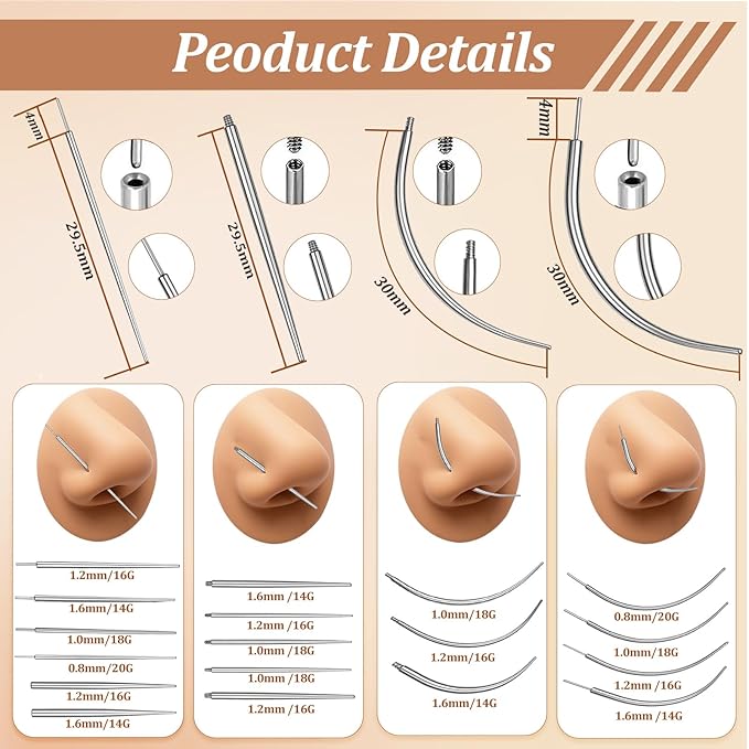 Piercing Taper Tool 18Pcs - 14G, 16G, 18G, 20G, Straight, Curved Needles - Piercing Insertion Tool Set for Nose Studs, Lip Rings, Earring - Changing Tool for Piercings