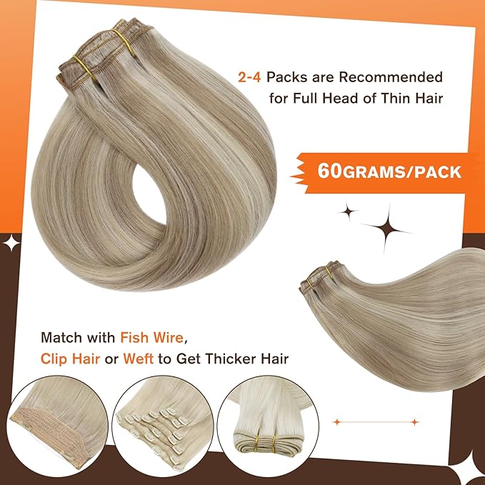 Full Shine Blonde Clip in Hair Extensions Highlights Light Blonde Real Human Hair 16 Inch Invisible Human Hair Clip ins for Women Natural Hair Add Volume 60 Grams 3Pcs