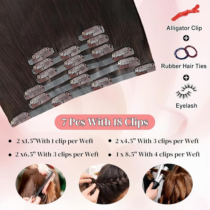 Seamless Clip in Hair Extensions Real Human Hair For Women 125g 20 Inch Dark Brown and Medium Brown Balayage Invisible PU Skin Weft Remy Human Hair Extensions clip ins 7Pcs 18 Clips
