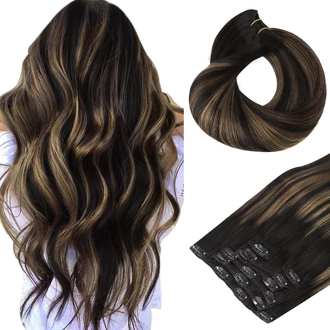 HOTBANANA Human Hair Clip in Hair Extensions, Balayage Natural Black to Chestnut Brown 120g Clip in Hair Extensions Real Human Hair Straight Remy Hair Clip Ins Dark Roots Ombre 20 Inch 7pcs