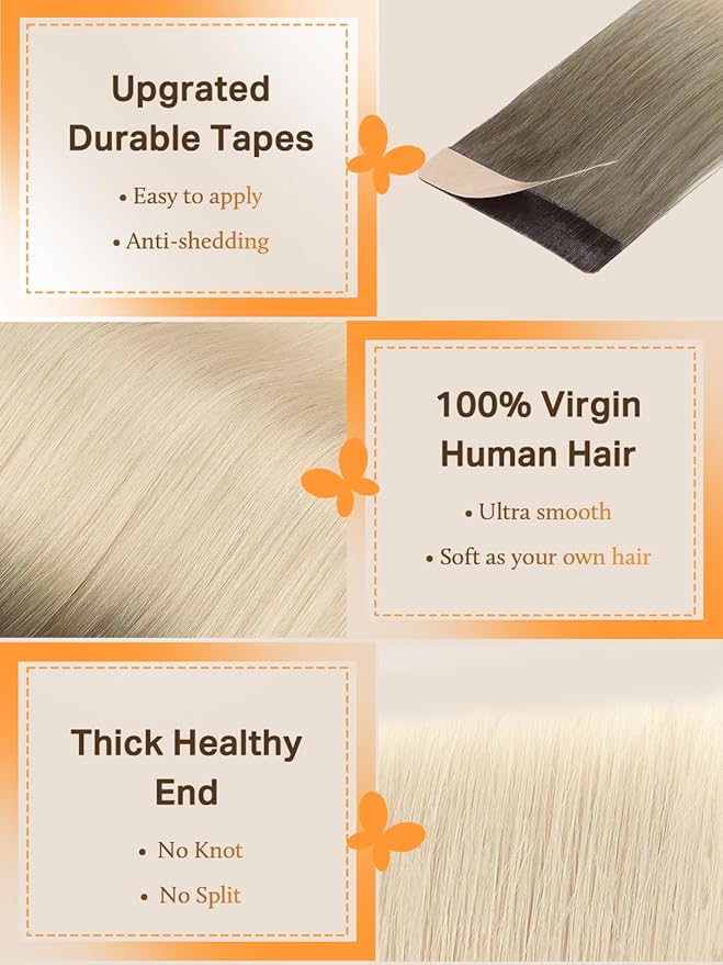DOORES Human Hair Extensions Tape in Balayage Light Ash Brown to Ash Blonde 22 Inch 100g 40pcs Tape in Hair Extensions Real Human Hair Extensions Long Straight