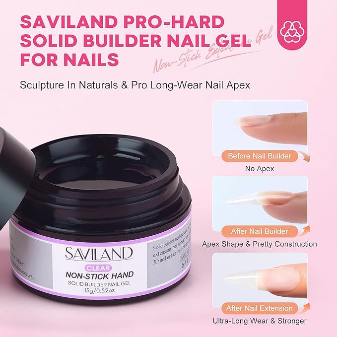 SAVILAND PRO-Hard Solid Builder Nail Gel for Nails: 2024 Ultra-Strength | Non-Sticky | Clear 3D Nail Gel with U V Lamp for 3D Nail Carving Emboss & Fast Extension Professional Use Salon