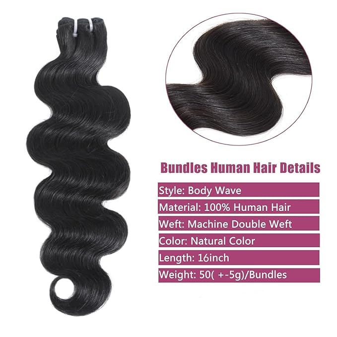 16 Inch Body Wave Bundles 100% Unprocessed Brazilian Virgin Human Hair (4 Pack, 4x50g) Natural Color Quick Weave Hair Extensions