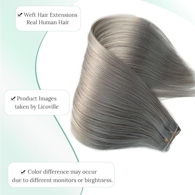 Grey Real Human Hair Extensions Sew in Bundles Double Weft Silver Sew in Hair Extensions Real Human Hair Wefts 20 Inch 100G Thick and Full Gray Remy Hair Bundles for Length/Volume