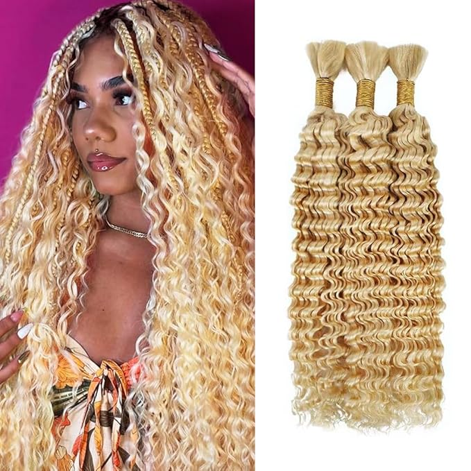 18 inch Blonde Human Braiding Hair 150g Honey Blonde Deep Wave Bulk Human Hair for Braiding No Weft 3 Braids Per Pack 27 Mixed With 613 Color