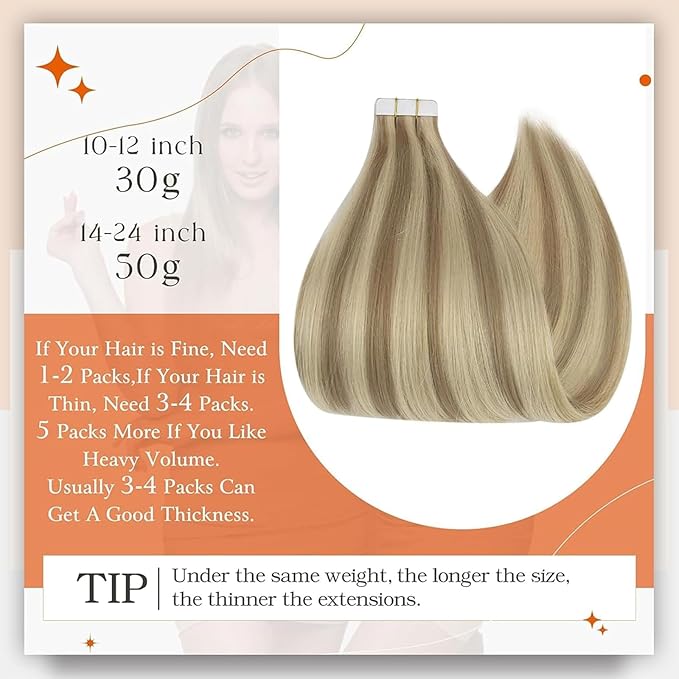 Full Shine Tape in Extensions Human Hair 18 Inch Blonde Hair Extensions Tape Real Human Hair Color 16 Highlighted 22 Invisible Skin Weft Tape ins Remy Extensions 50g 20 Pcs Seamless Extension