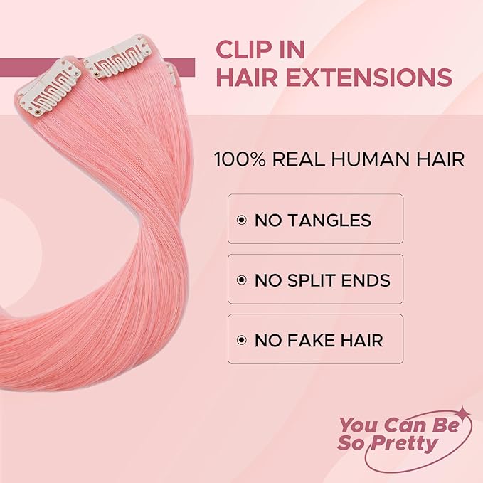 Clip in Hair Extensions Real Human Hair for Women, 16 Inch 40g 6pcs, Pink, Straight - Highlight, Add Volume and Length for Daily Wear, Parties, Weddings