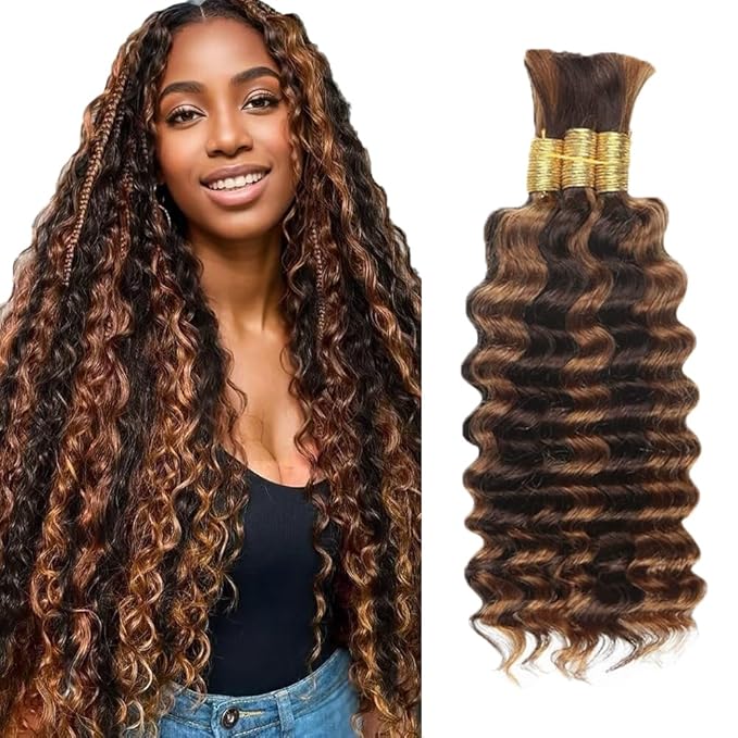 P430 Highlight Brown Human Braiding Hair Deep Wave Bulk 22 22 22 Inch 150g/3 Bundles Light Dark Brown Deep Wave Braids Human Hair Extensions