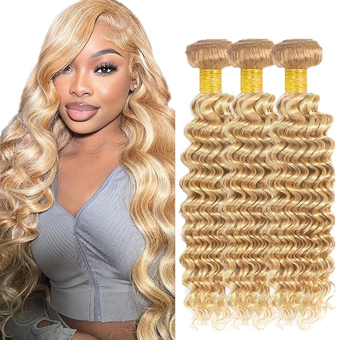 28 28 28 inch 613 Human Hair Bundles Blonde Deep Wave Bundles P27/613 Human Hair Bundle 2 Tone #27 Wet and Wavy Bundle