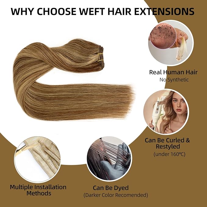 Sew in Hair Extensions Real Human Hair, 110g 24 inch Medium Brown Highlight Honey Blonde Weft Hair Extensions Remy Straight Weave Bundles