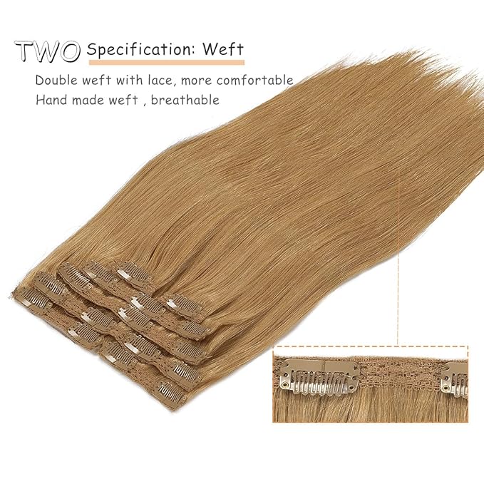 Caliee Real Hair Extensions Clip in Human Hair for Full Head Color 27 Caramel Blonde Seamless Clip in Hair Extensions Double Weft Lace 140G 20Inch