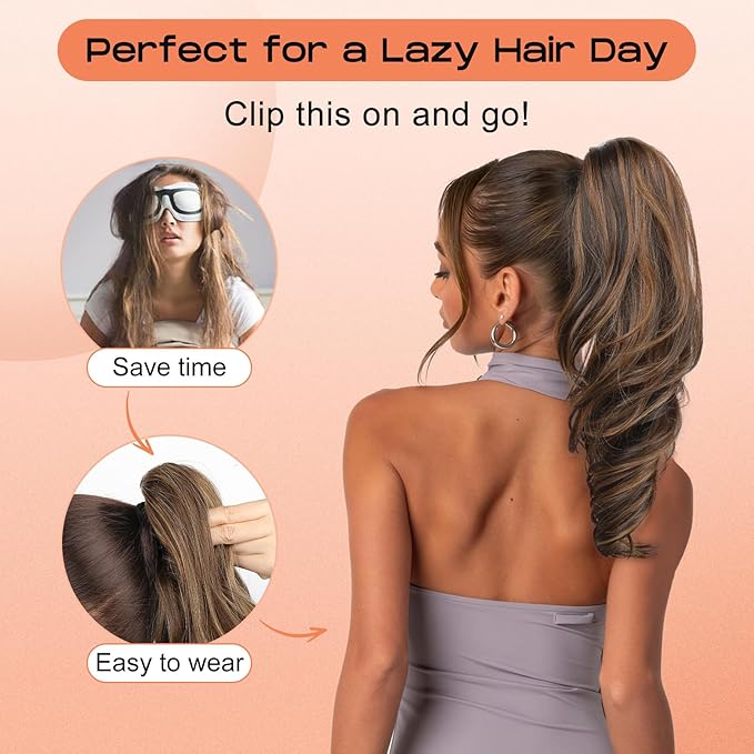 SEIKEA Ponytail Extension, 18" Wavy Claw Clip in Hair Extensions for Women, Lightweight Fluffy Synthetic Ponytail Hairpiece, Natural Soft & Easy to Wear, for Short Brown/Caramel Blonde Highlights