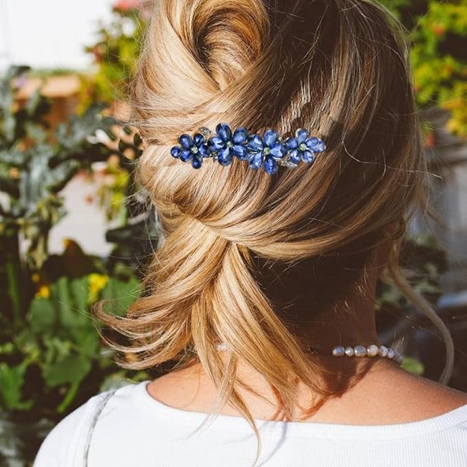 2PCS Exquisite Sparkling Rhinestone 4 Flower Hair Clips, Non-Slip Alloy Hair Accessories for Women & Girls, Ideal for Party, Wedding & Daily Wear (Dark Blue)