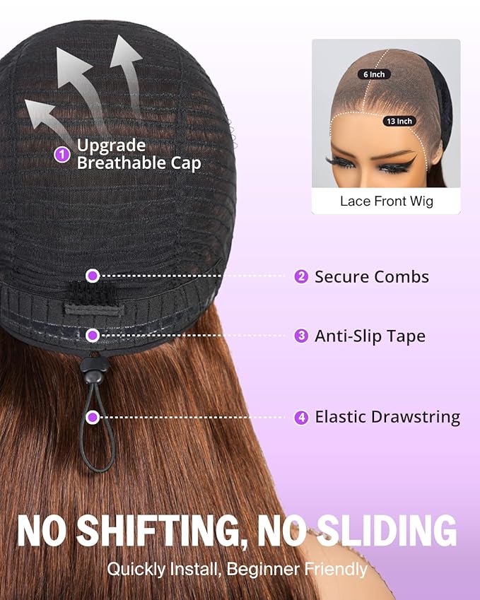 Glueless 30 inch Lace Front Wig Human Hair Chocolate Brown Glueless Wigs Human Hair Pre Plucked Pre Cut 13x6 HD Frontal Straight Drawstring Wig 4#