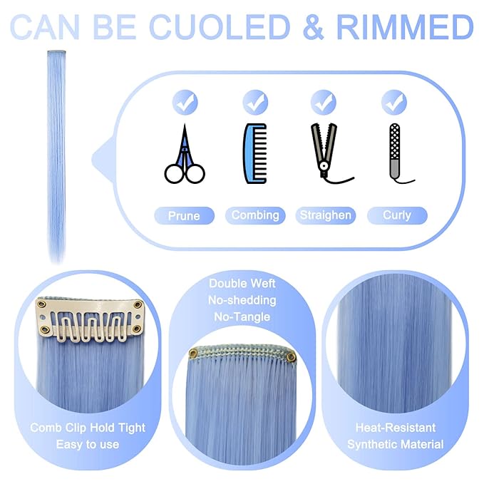 Rhyme Multi-colored Hair Extensions for Kids 21" Colored Clip in Hair Extensions Girls Hair Clips Party Highlights Hair Accessories 12 PCS (Light blue,Light purple)