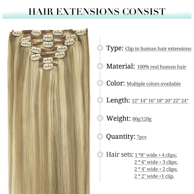 DOORES Human Hair Extensions Clip in Balayage Light Blonde Highlighted Golden Blonde 18 Inch 120g 7pcs Clip in Hair Extensions Natural Straight Hair Extensions