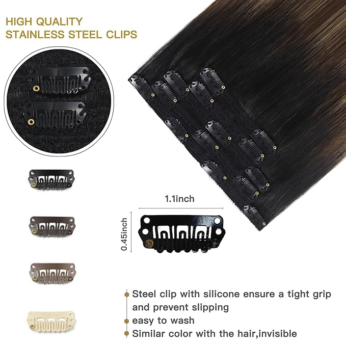 Clip in Hair Extensions Human Hair Ombre Clip in Extensions Balayage Natural Black to Chocolate Brown Mix Caramel Blonde Real Remy Human Hair 80g 5pcs 12inch