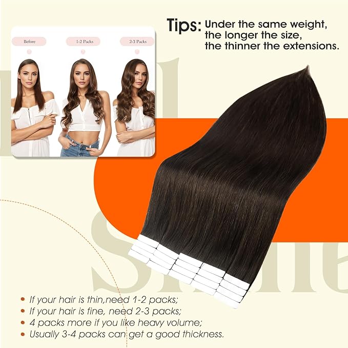 Full Shine Tape in Hair Extensions Human Hair Darkest Brown 24 Inch Seamless Tape in Extensions Brazilian Remy Hair Skin Weft Hair 20 Pieces 50 Grams Color 2 Glue Human Hair Extensions for Wedding
