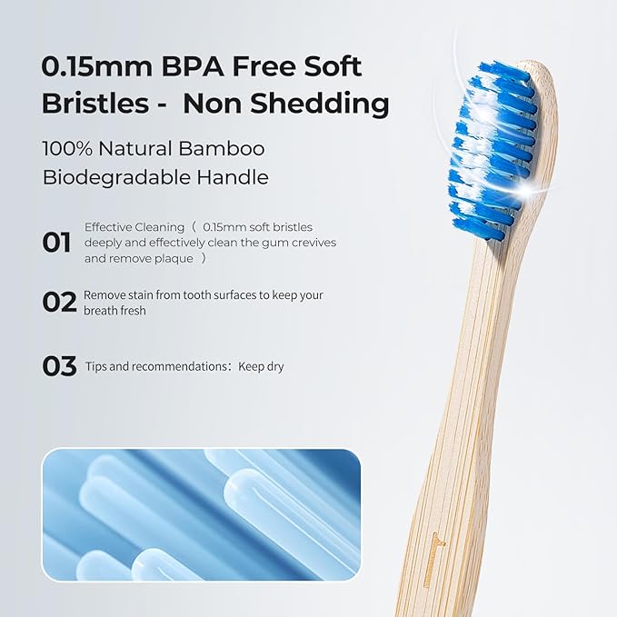 Bamboo Toothbrushes 10 Count, Soft Plant-Based Bristles, Natural Wooden Toothbrush for Adults, Biodegradable Travel Tooth Brushes