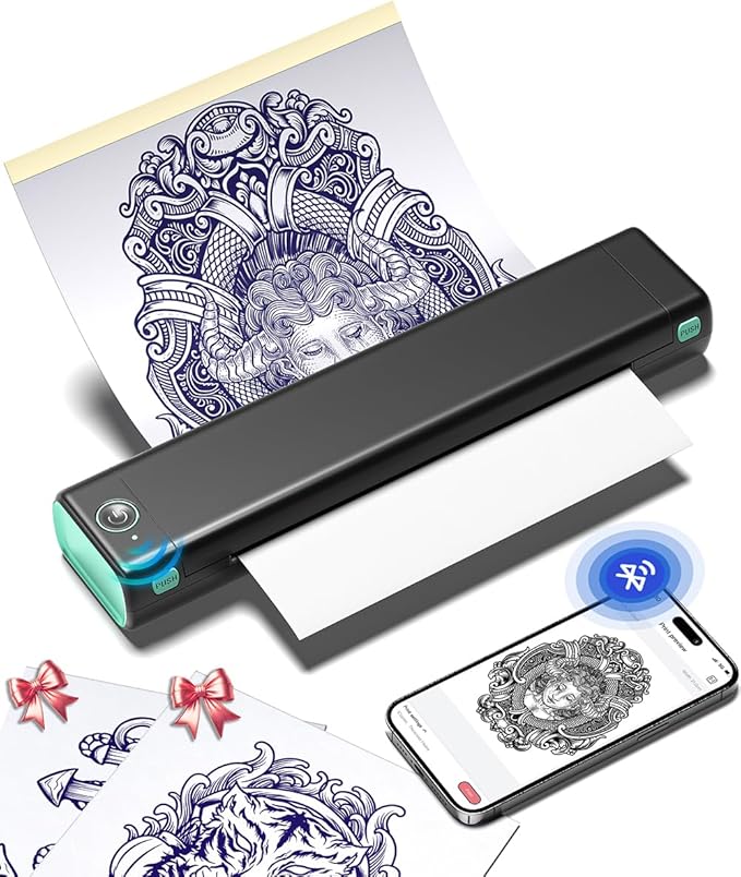 Phomemo Tattoo Stencil Printer, M08F Wireless Thermal Tattoo Printer with 10pcs Transfer Paper, Compatible with Phone/Tablet/PC, Tattoo Supplies for Tattoo Artist & Beginner, Black & Green