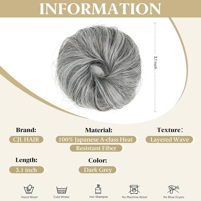 CJL HAIR 2PCs Small Cute Messy Bun Hair Piece for Thin Hair Women Mini Synthetic Curly Bun Scrunchies Updo Hairpieces Dark Grey