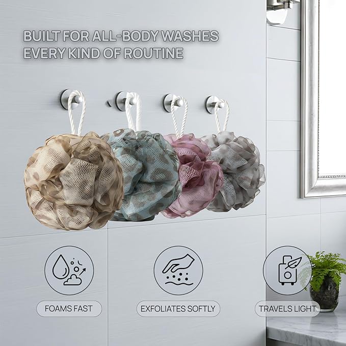 4 Pcs Leopard Shower Loofah Ball, Soft Trendy Organza Mesh Bath Scrub, Rich Lather & Gentle Exfoliating Body Shower Essentials for Women