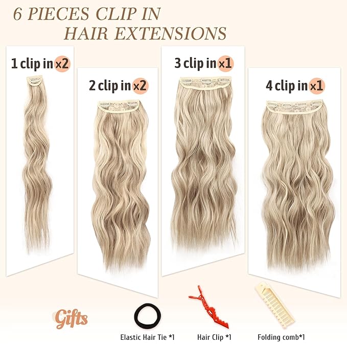 NAYOO Clip in Hair Extensions for Women 20 Inch Long Wavy Curly Dirty Blonde Hair Extension Synthetic Hair Extension Hairpieces (6PCS, Dirty Blonde)