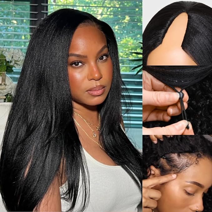 Sunber Yaki Straight V Part Human Hair Glueless Wig Upgrade U Part Wig No Leave Out Vpart light yaki straight Machine Made Clip In Half Wigs No Leave Out Real Scalp V Shape 150% Density 26Inch