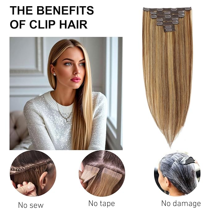 Clip in Hair Extensions Real Human Hair Chocolate Brown to Caramel Blonde 12 inch 7pcs 70g/Pack, Human Hair Clip in Extensions, Salon-Grade Quality, Easy Comfort Wear for Women (#P4/27, 12 inch)