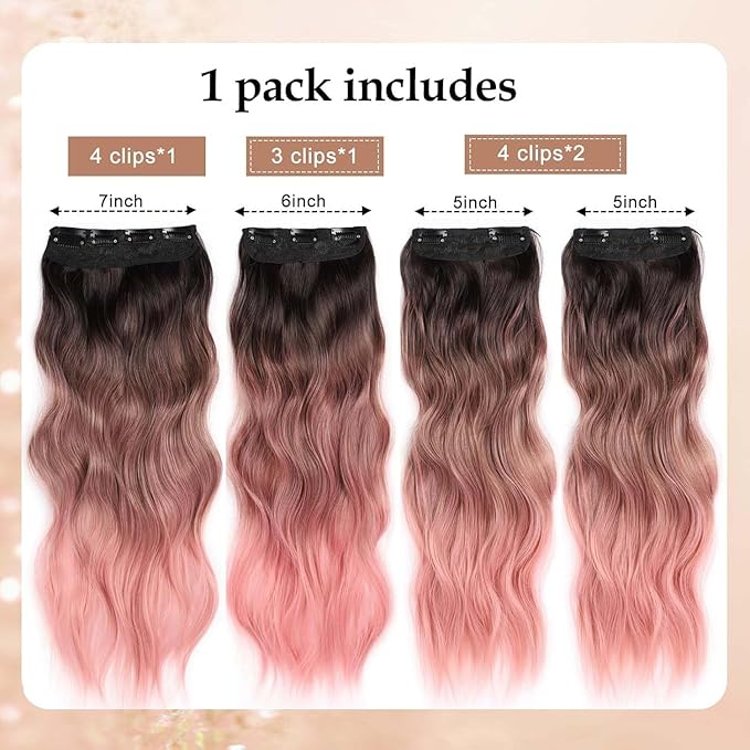 24 Inch Clip in Long Wavy Curly Hair Extensions, 4 PCS Pink Hair Extensions Clip ins, Thick Hairpieces Clip in Hair Extension for Women Synthetic Hair Double Weft Hairpieces (PINK, 24INCH)