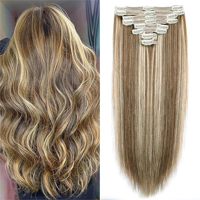 Straight Clip In Hair Extensions Real Human Hair 8Pcs Clip In Balayage Chestnut Brown Highlight Blonde Human Hair Extensions with 18Clips Lace Weft 120g 20inch