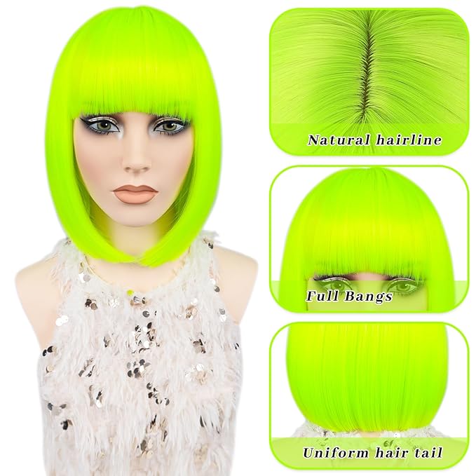 MAYSA Bob Wig with Bangs Green Wig 12inch Short Wigs for Women Synthetic Colorful Cosplay Party Wigs # Fluorescent Green