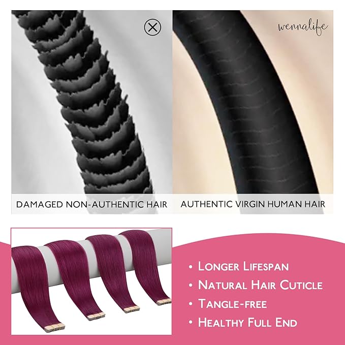 WENNALIFE Tape in Hair Extensions Human Hair Light Burgundy Tape in Extensions, 10pcs 20g 12 inch Remy Invisible Tape Ins Straight Colored Soft Real Human Hair Refill Set