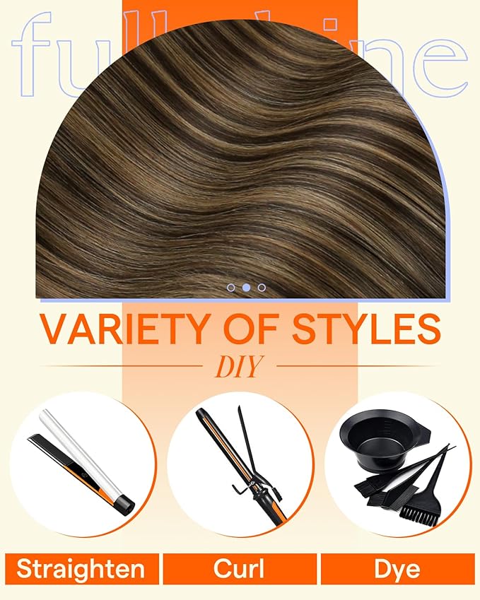 Full Shine Injected Seamless Clip in Hair Extensions 16 Inch Dark Brown Ombre to Light Brown with Blonde Invisi Edge Clip in Hair Extensions Remy Hair 6PCS 120G