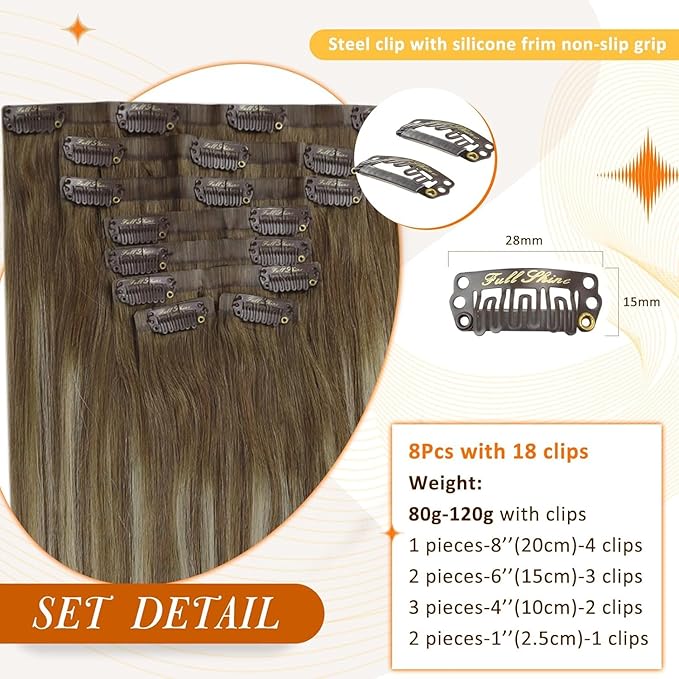 Full Shine Human Hair Clip in Extensions Balayage Straight Clip in Hair Extensions Chestnut Brown Ombre Brown Mix Platinum Blonde Real Human Hair 16 Inch 8 PCS 120 G