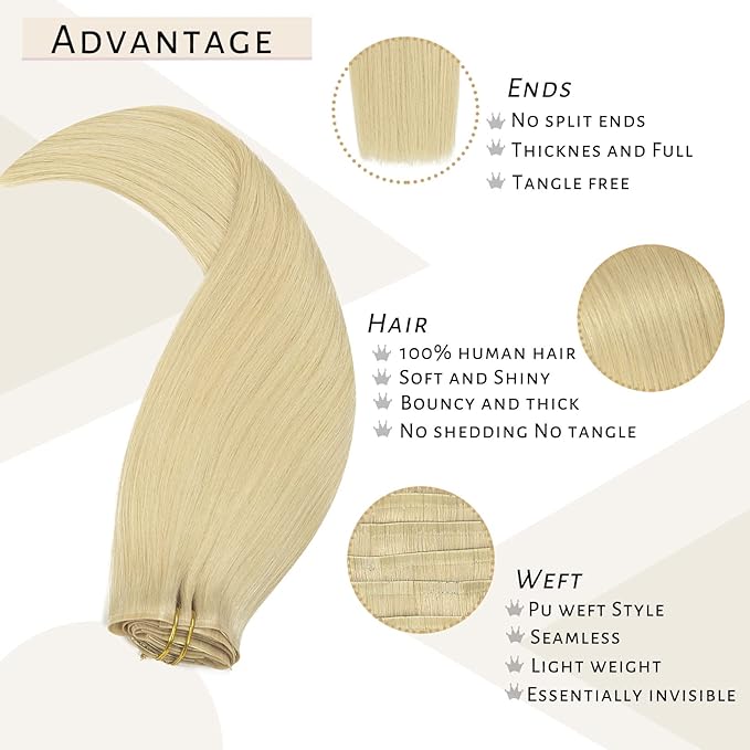 Caliee 22Inch Hair Extensions Clip in Human Hair Seamless Hair Extensions Invisible PU Weft Long Thick Hair 110G 7Pcs 60 Bleach Blonde Hair Extensions Real Human Hair for Thin Hair
