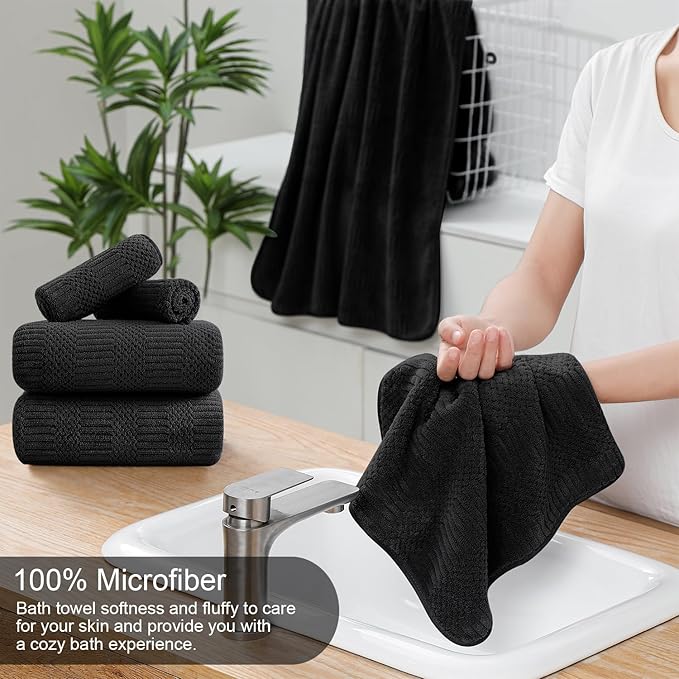 Ycosy 4 Pack Extra Large Microfiber Bath Towels Set,35x70 inches,600GSM,Less Lint Highly Absorbent Super Soft & Quick Dry,Oversized Bath Towels,Perfect for Bathroom Gym Pool,Black