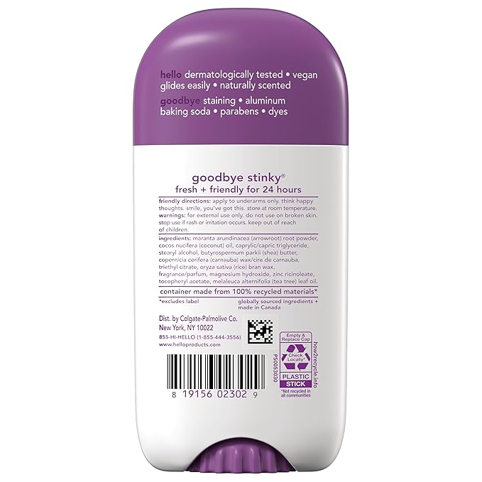hello Lavender Vanilla Aluminum Free Deodorant for Women and Men with Shea Butter, 24-Hour Freshness, Baking Soda Free Deodorant, Dermatologically Tested, 2.6 oz Stick