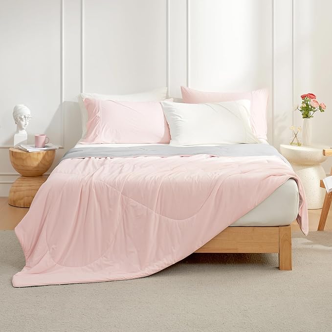 Cozy Bliss Cooling Comforter Queen Size, Cooling Blankets for Hot Sleepers and Night Sweats, Pink Gray Summer Comforter for Queen Size Bed, Breathable Soft Lightweight Silk Smooth