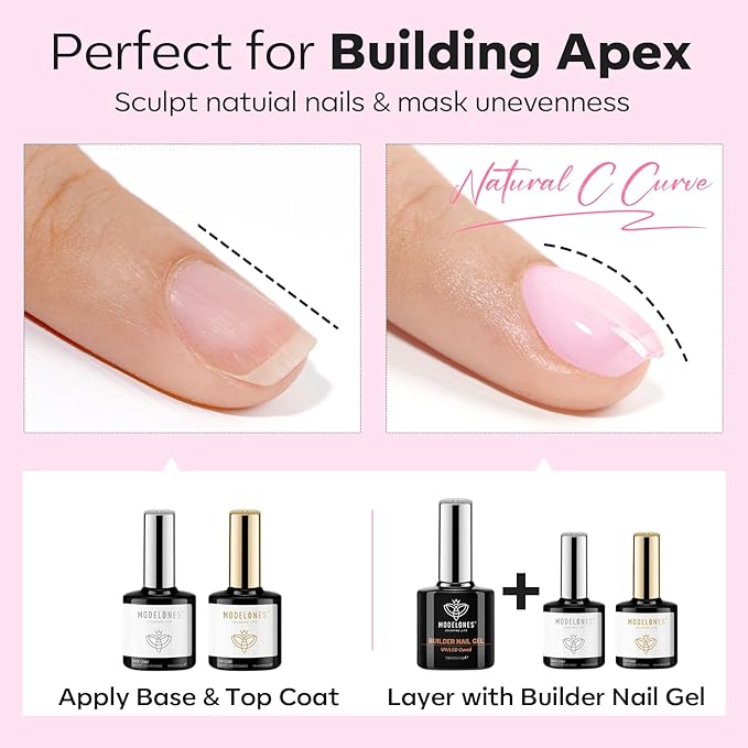 modelones Builder Nail Gel with Gel Base Top Coat, 3Pcs Baby Pink Builder Nail Kit for Apex Building Extension Thickening Strengthener High Gloss Shiny, U/V LED Lamp Cured for Home DIY Salon Girls