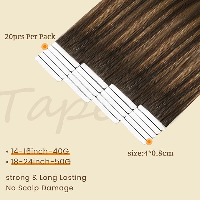 DNE Tape in Hair Extensions Real Human Hair 14 inches 20Pcs/40g/Pack Seamless Dark Brown to Chestnut Brown#T2-P2/6 Straight Invisible Double Sided Tape in Hair Extensions for Women/Girls