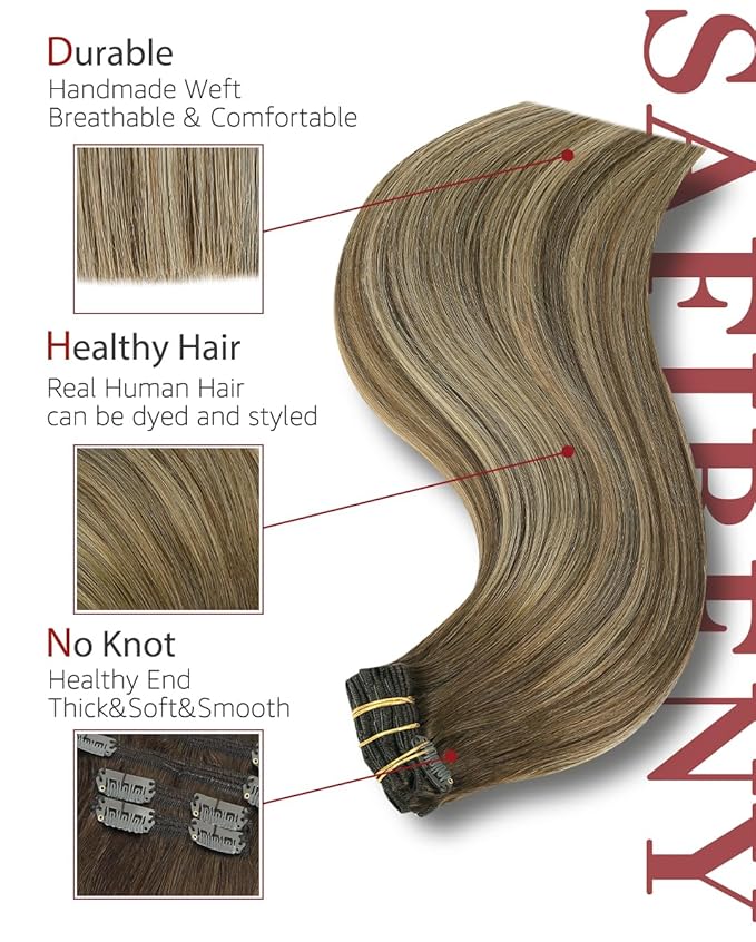 Clip in Hair Extensions Real Human Hair,Balayage Chocolate Brown To Caramel Blonde, 22 Inch 120g Natural Straight Clip On Hair Extensions 6pcs Per Set with 18 Clips (#4/27/4,22")