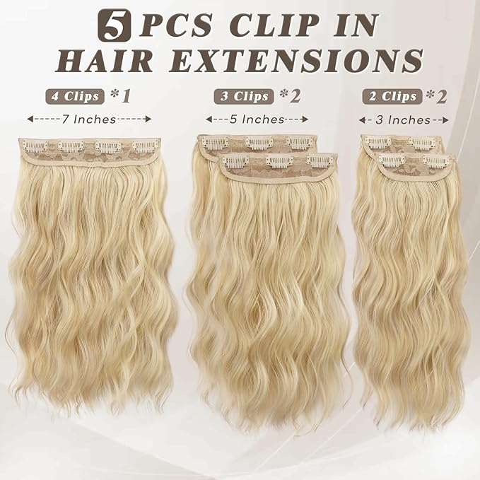 BARSDAR Light Ash Blonde Mix Clip in Hair Extensions - 14 Inch Wavy Blonde Clip in Hair Extensions for Women - 5PCs Thick Soft Synthetic Hairpieces Daily Party Halloween