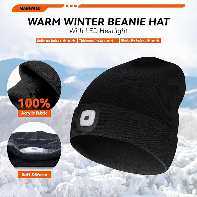 LED Beanie Hat with Light, USB Rechargeable LED Headlamp, Gifts for Men, Christmas Stocking Stuffers for Men Adults, Birthday Gifts for Him Dad Husband, Boyfriends, Black