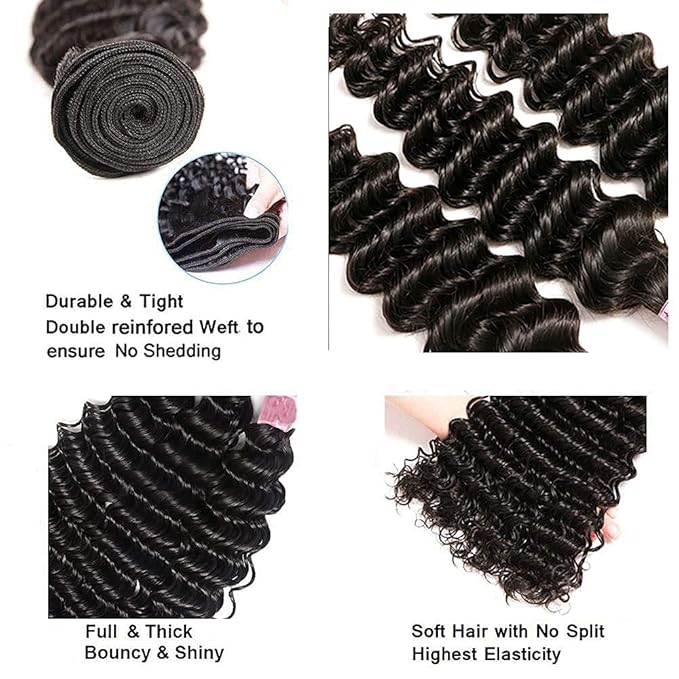 Deep Wave Bundles Human Hair Unprocessed Brazilian Virgin Hair 16 18 20 Inch 150g/3 Bundles Deep Wave Human Hair Bundle Double Weft Natural Black