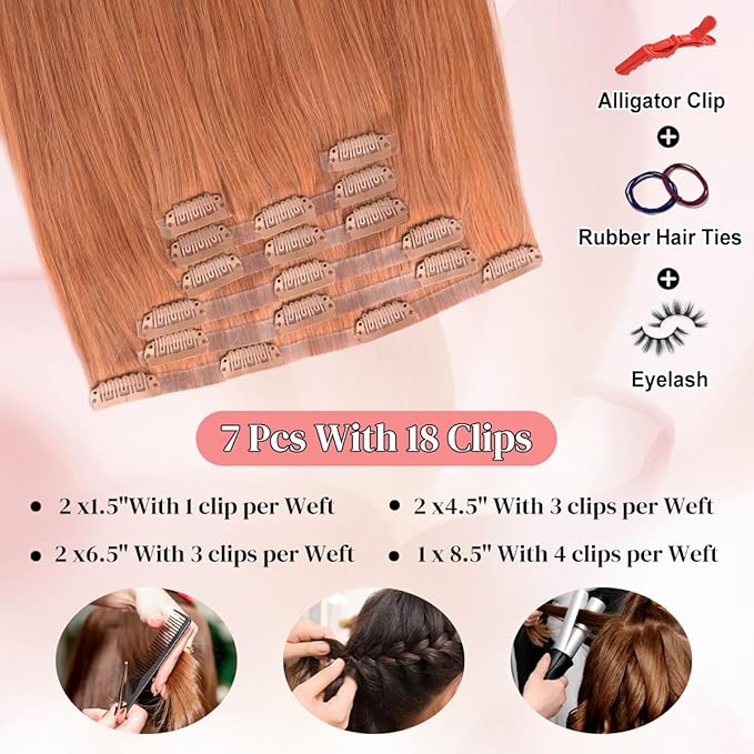 Seamless Clip in Hair Extensions Real Human Hair For Women 125g 20 Inch Copper Invisible PU Skin Weft Red Remy Human Hair Extensions clip ins 7Pcs 18 Clips